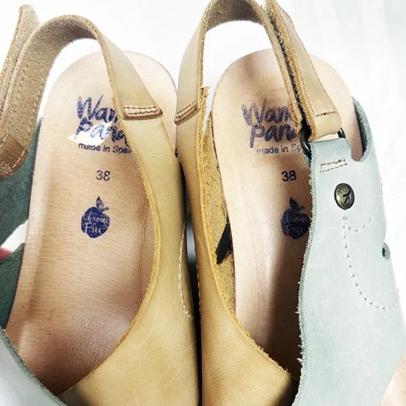 WANDA PANDA Leather Sandals 2-Tone Tan/Blue Padded Insoles Size 38/7.5 - Picture 5 of 7
